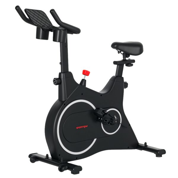 Motionscykel, fitnesscykel med lcd-skærm, tabletholder, flaskeholder, komfortabelt sæde, kompakt, sort