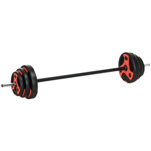 Vægtstangssæt 20 kg, inklusive 6 vægtskiver, 2 x 5 kg, 2 x 2,5 kg, 2 x 1,25 kg, skridsikker stang, sort + rød