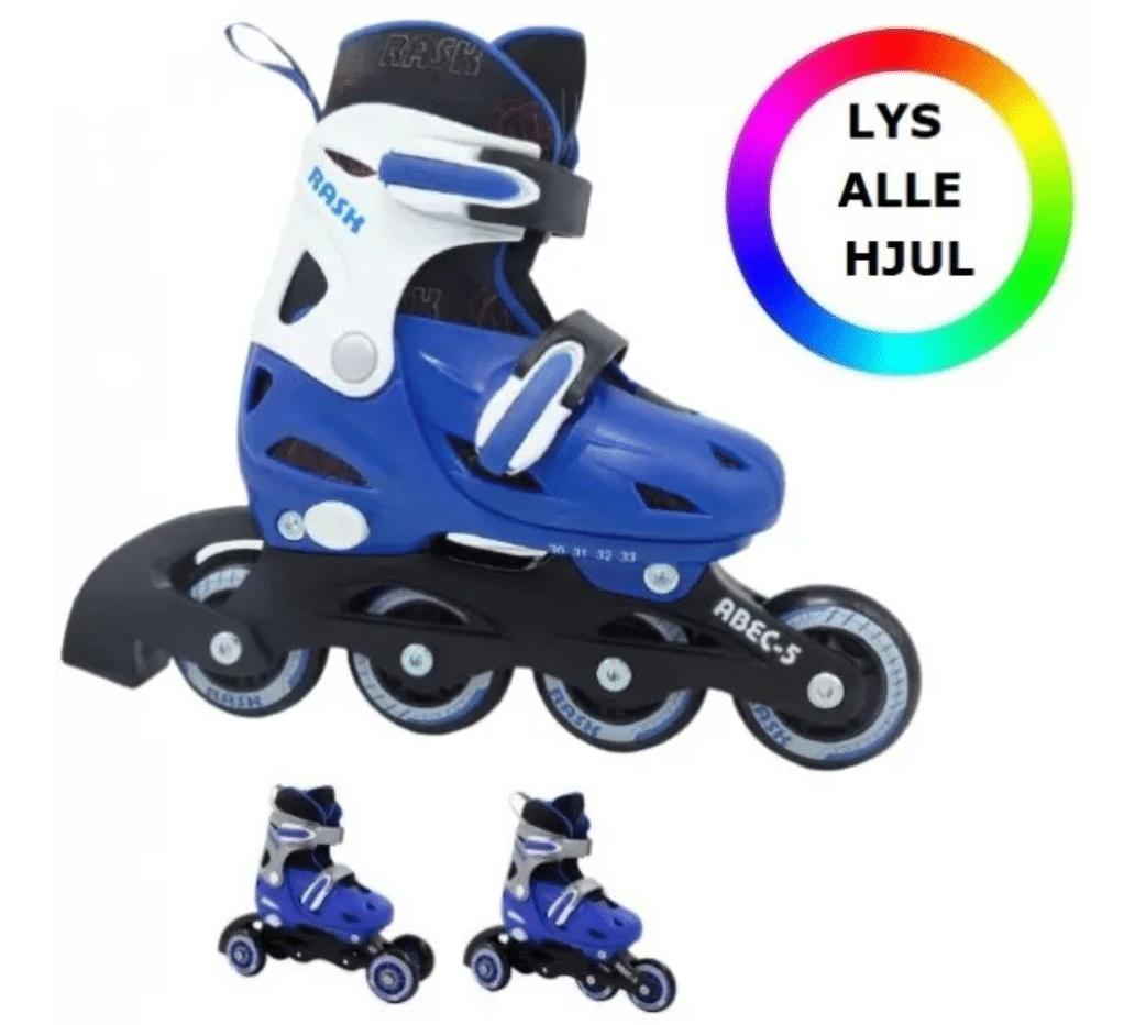 RASK Rulleskøjte 3-i-1 Blå LED - Justerbar over hele 4 sko-numre med smart kliksystem Str. 30-33 (fra 18,5-21 cm lang)