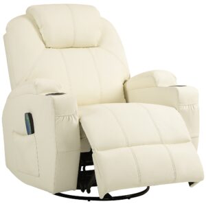 Lænestol med massagefunktion, vipbart ryglæn, drejelig, op til 150 kg, kunstlæder, cremehvid