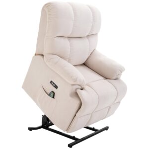 Lænestol med ståstøtte, massagestol, afslappende stol med usb-port, tv-stol med fjernbetjening, sidelomme, lænestol med fløjlslook, beige