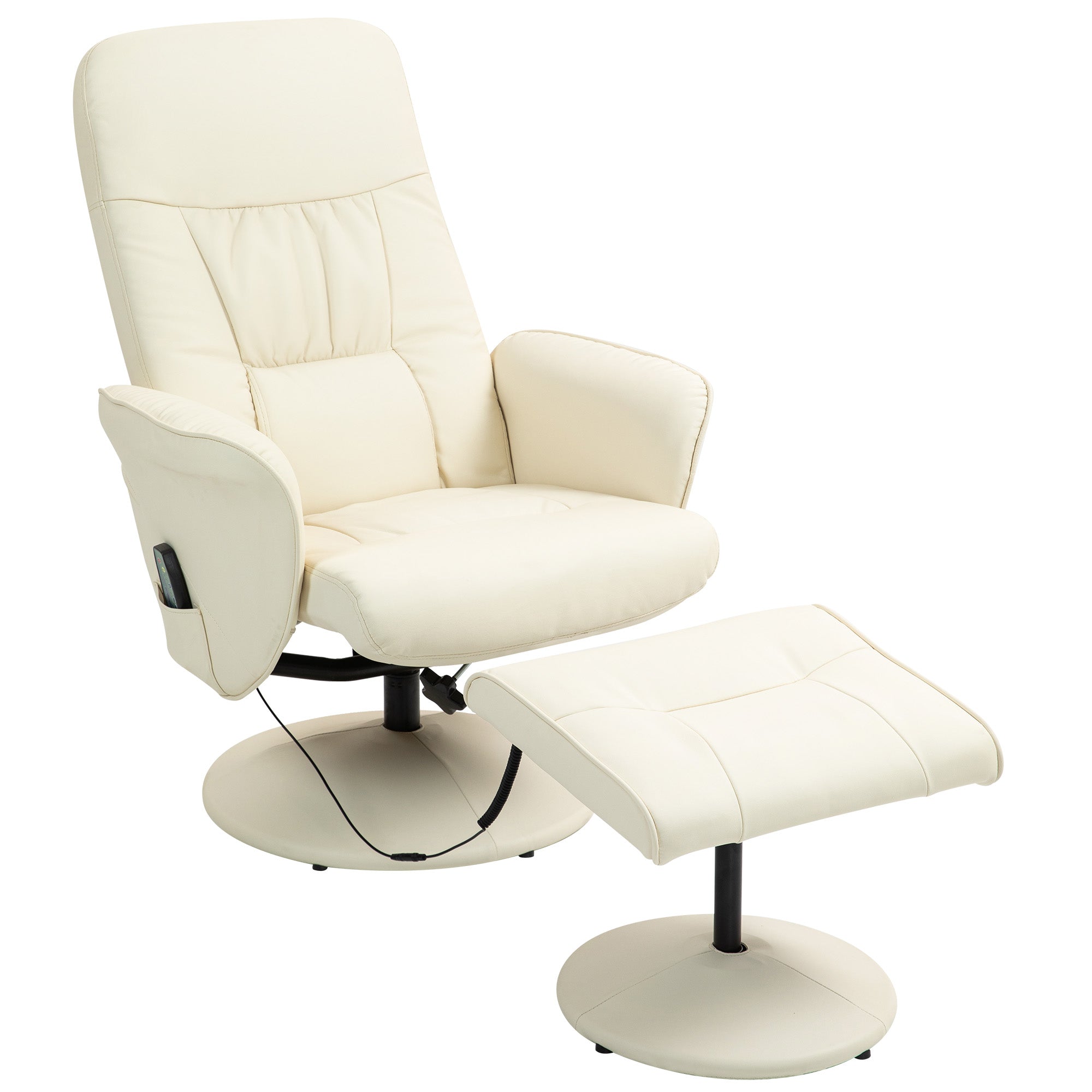 Massagestol med fodskammel, ergonomisk stol med 10 vibrationspunkter, kunstlæder, 76 x 81 x 105 cm, cremehvid