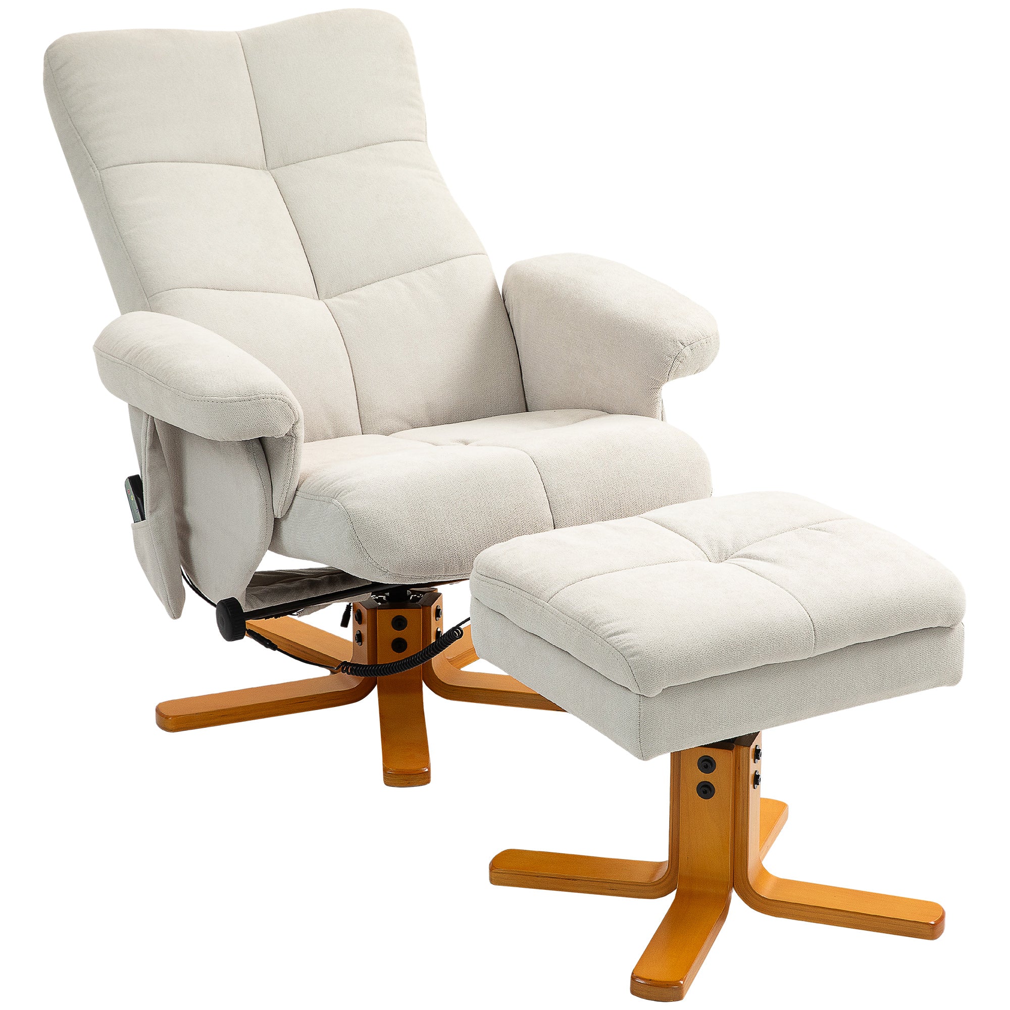 Massagestol med lænefunktion og fodskammel, 145° vipning, polyester, 80 x 86 x 99 cm, cremehvid