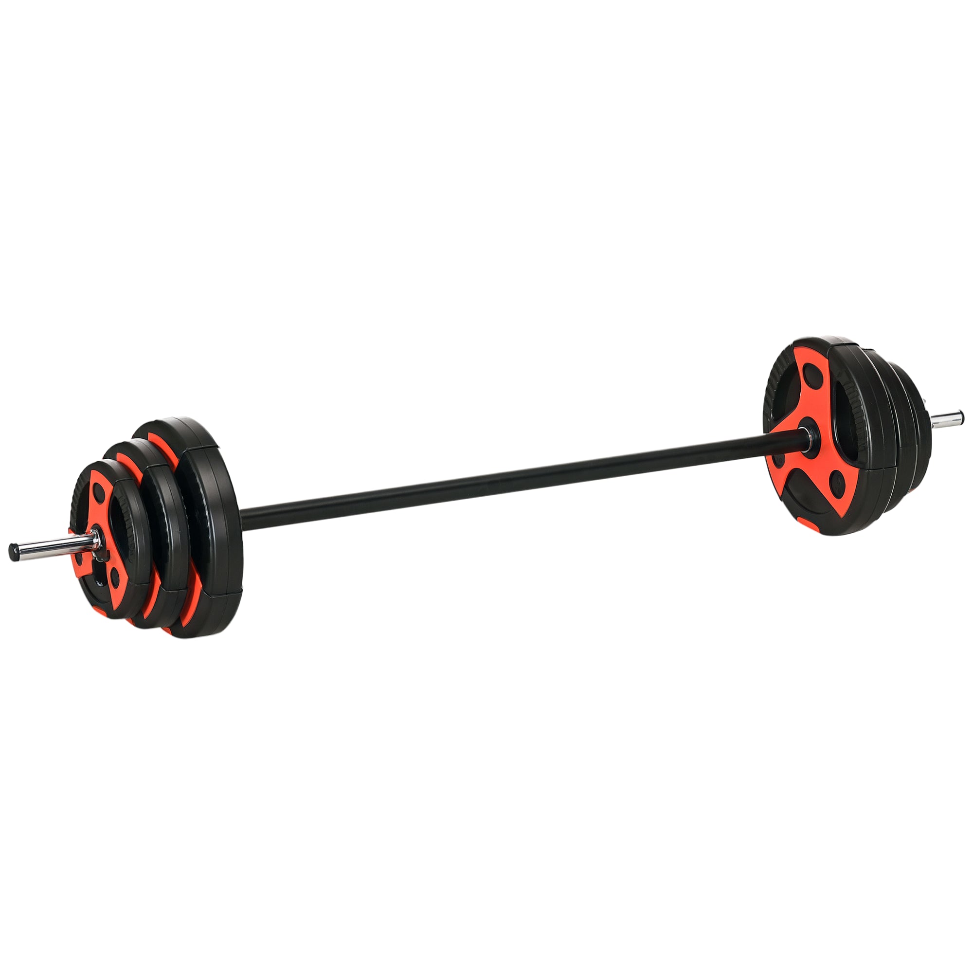 Vægtstangssæt 20 kg, inklusive 6 vægtskiver, 2 x 5 kg, 2 x 2,5 kg, 2 x 1,25 kg, skridsikker stang, sort + rød