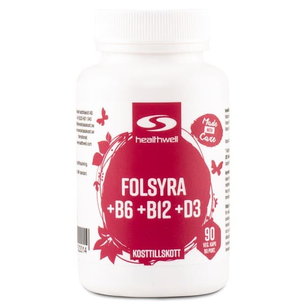 Folinsyre+B6+B12+D3, 90 kapsler