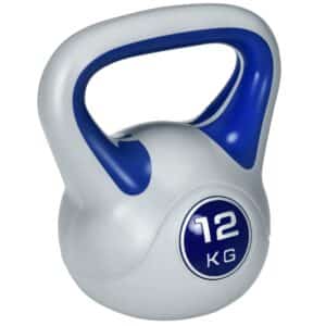 Kettlebell, 12 kg, flad bund, stort håndtag, plastbelægning, blå, 24 x 17 x 28 cm