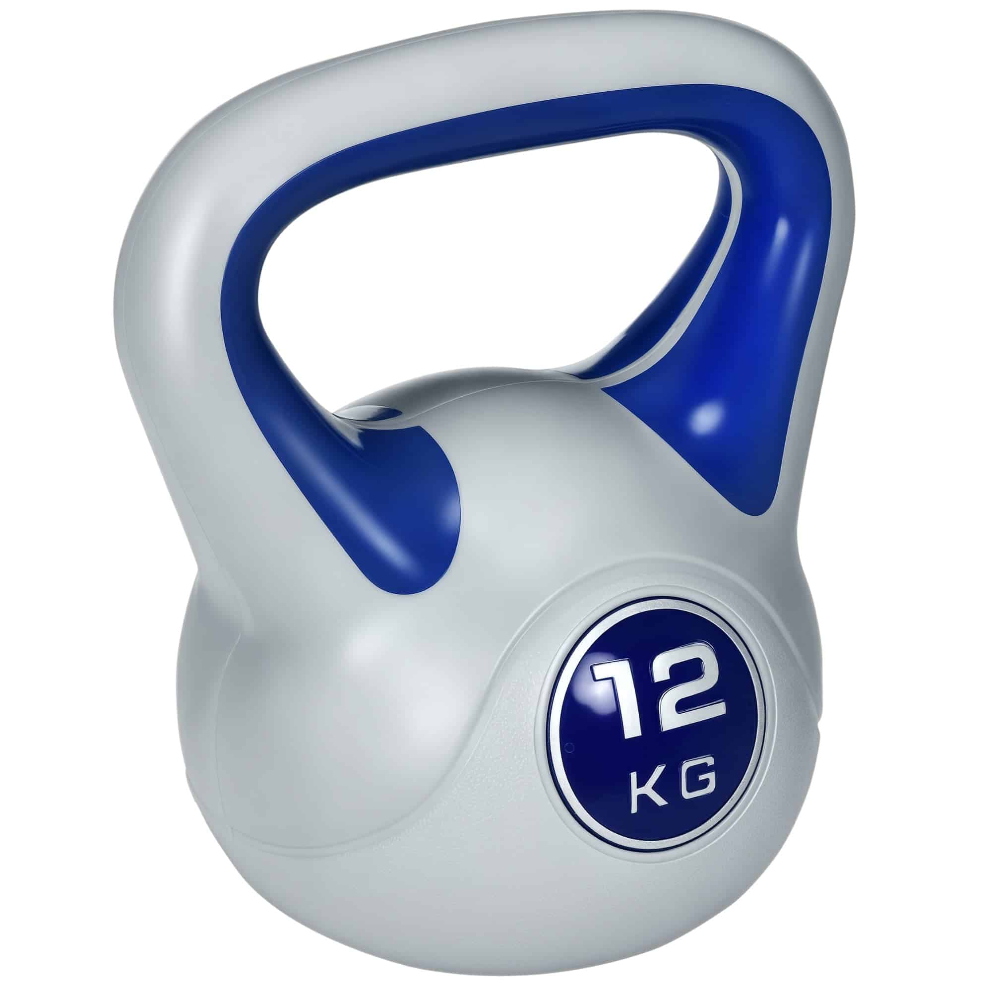 Kettlebell, 12 kg, flad bund, stort håndtag, plastbelægning, blå, 24 x 17 x 28 cm