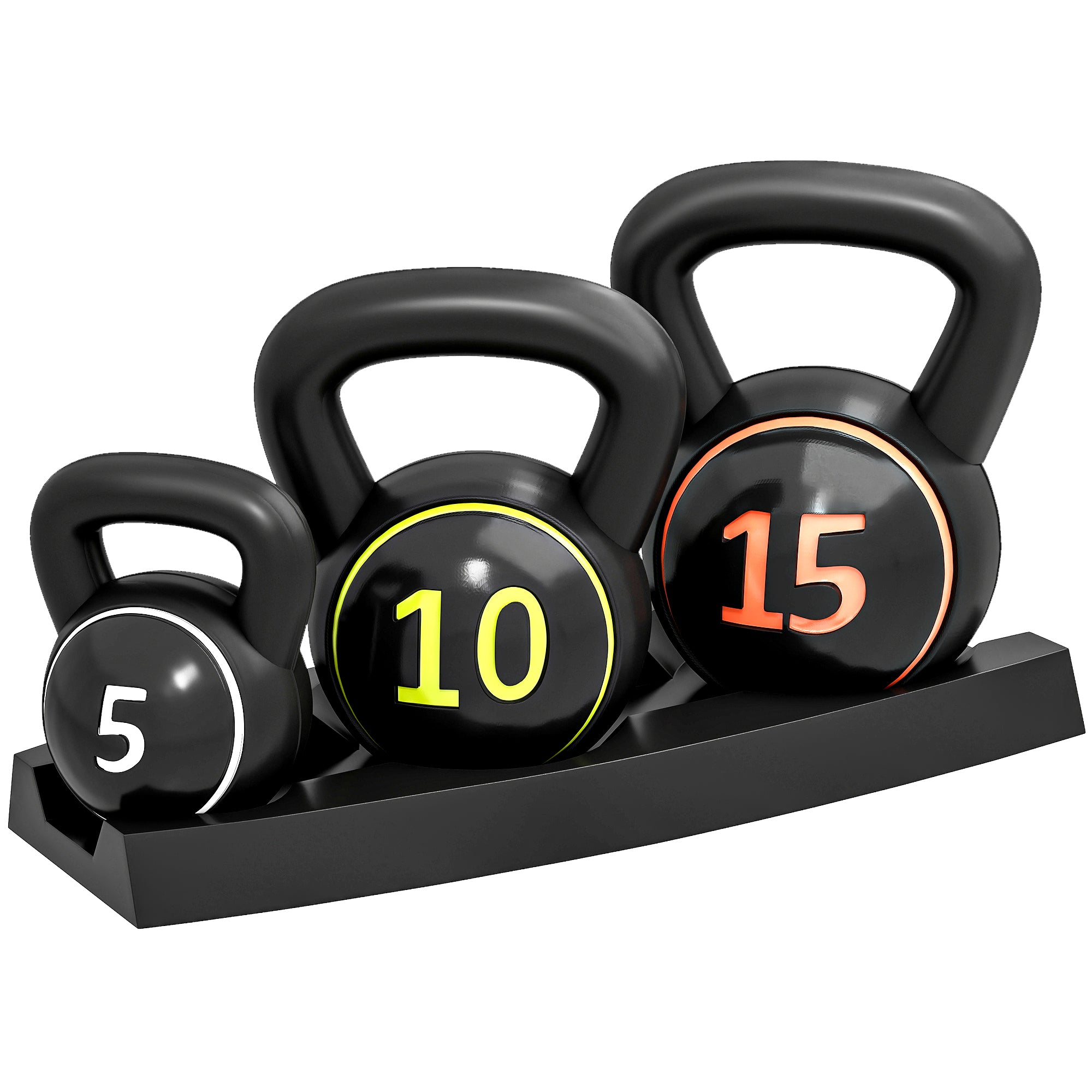 Kettlebell-sæt, 3 kettlebells 2,2 kg/4,5 kg/6,8 kg, plastikhus, sort