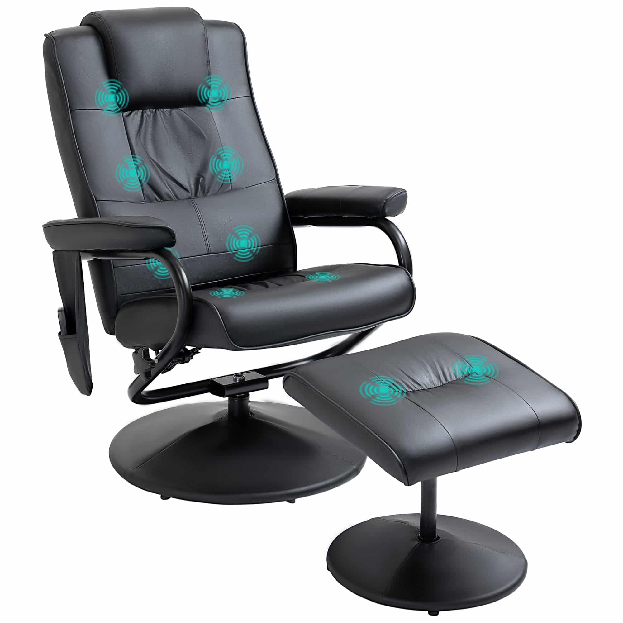 Massagestol med fodskammel, drejelig lænestol med massagefunktion, elektrisk TV-lænestol med lænefunktion, fjernbetjening til stuen, kunstlæder, sort
