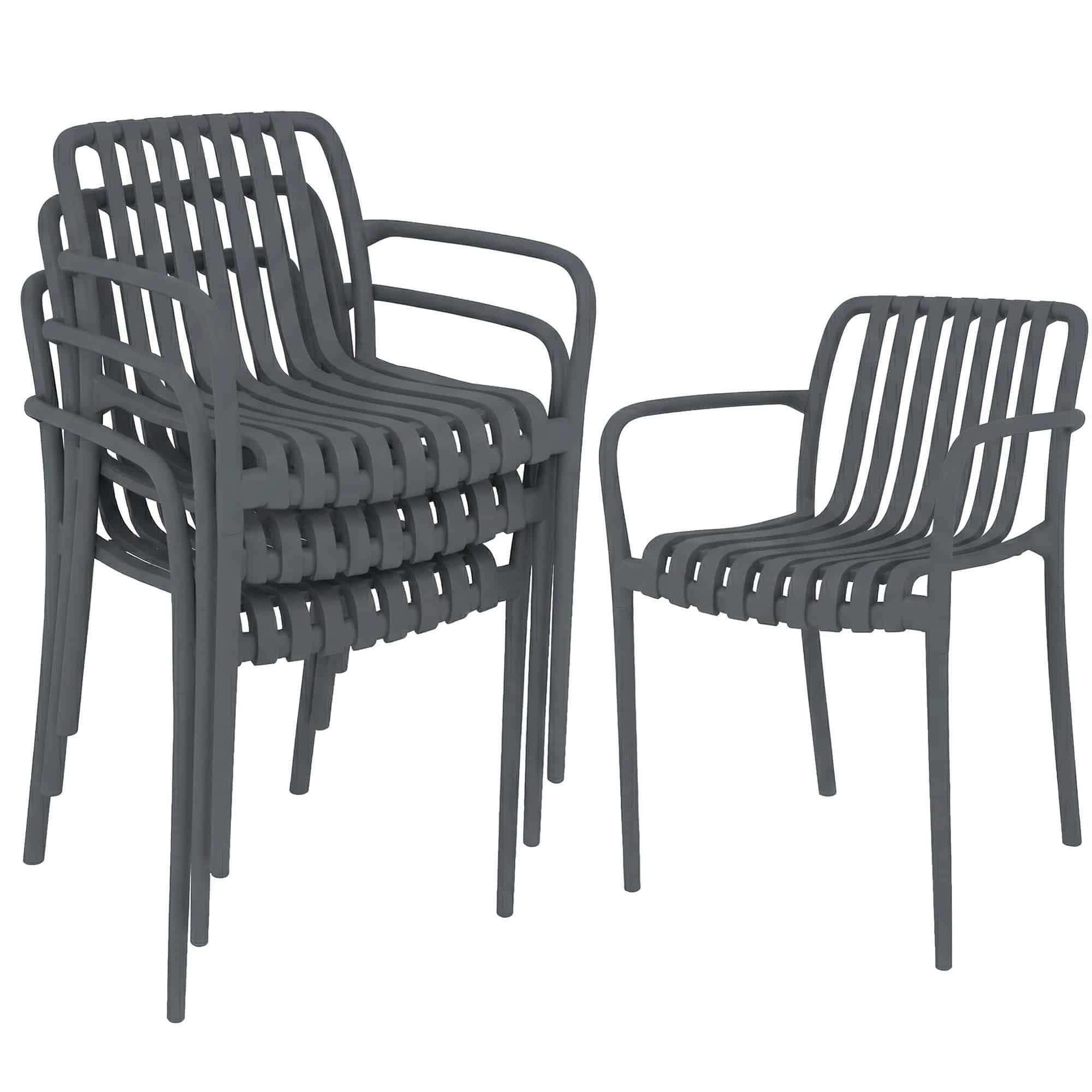 Sæt med 4 stabelbare havestole med lameller, ergonomiske, mørkegrå